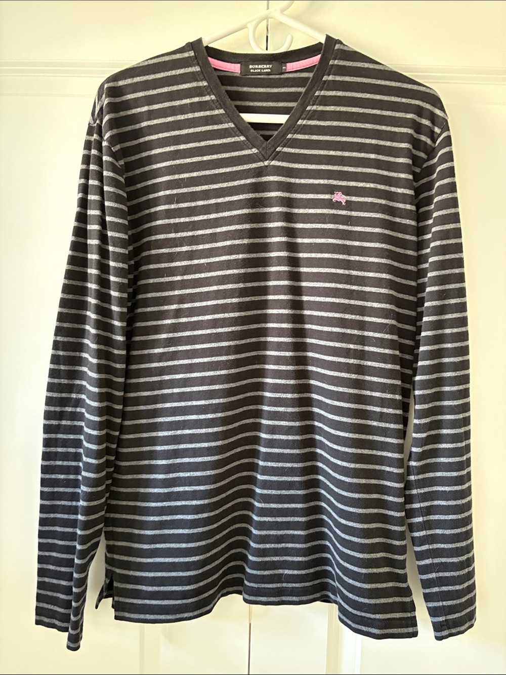 Burberry Dark navy & Light Gray Striped V‑Neck Long Sleeve Shirt with Pink Logo